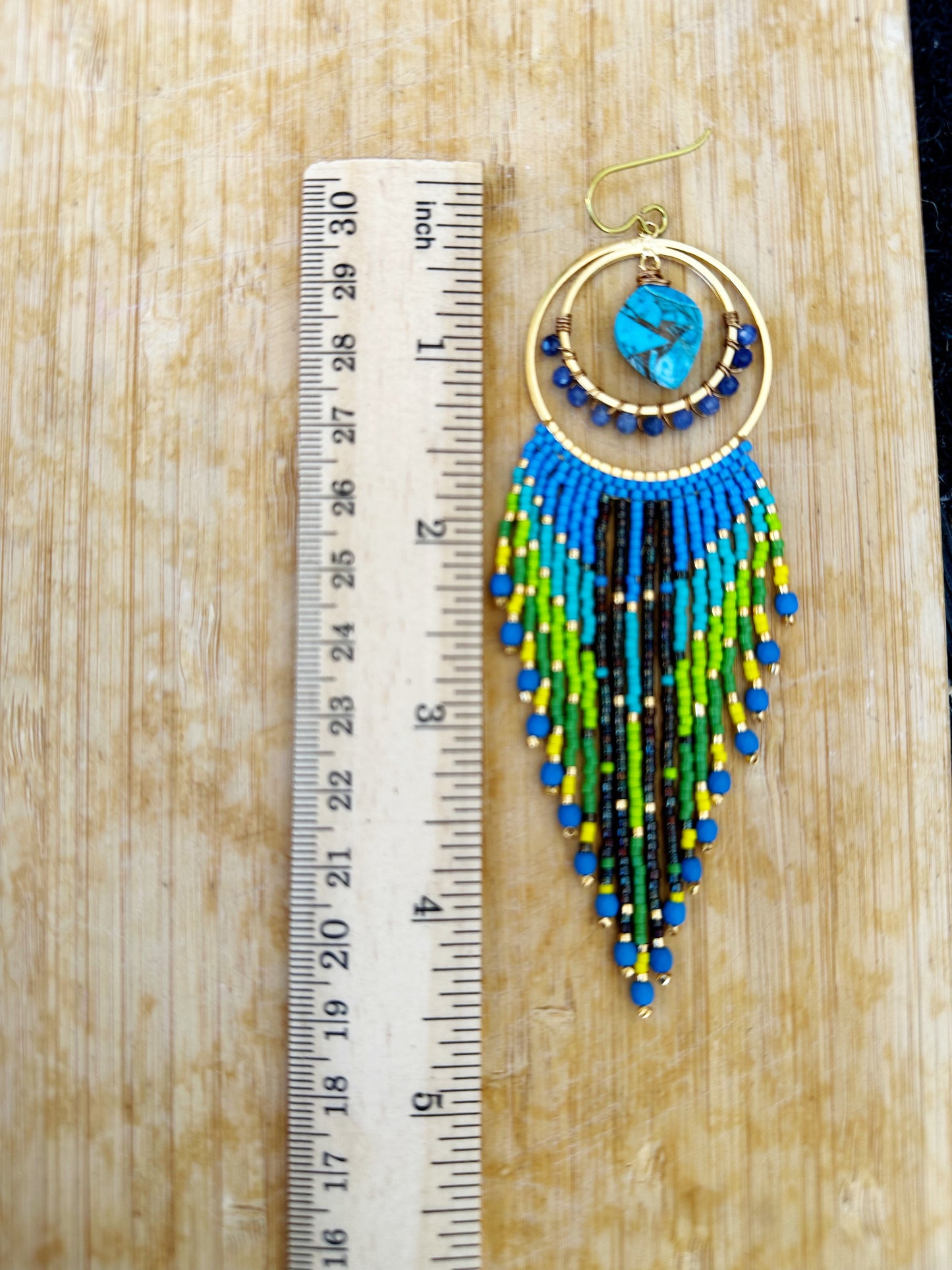 Tropical Turquoise fringes, Turquoise gemstone, sodalite gemstone , 24k gold plated, Statement earrings, hypoallergenic