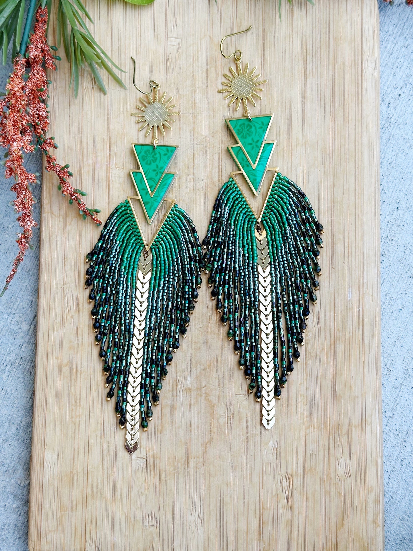 Evergreen florals, 24k gold plated findings, Statement earrings, hypoallergenic