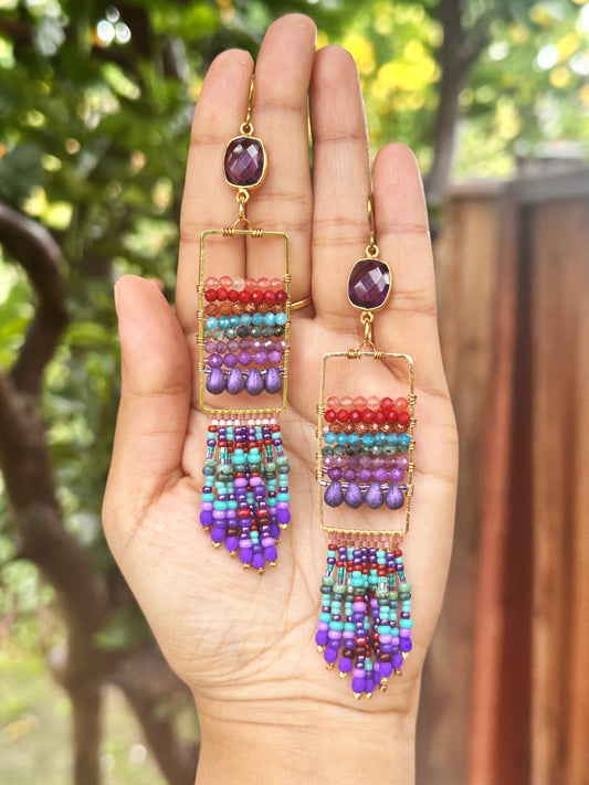 Gemstone fringes, colorful earrings, quartz, apatite, amethyst, phosphosiderite, goldstone, green ruby, hypoallergenic