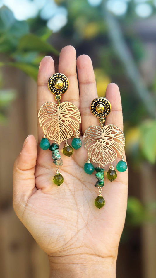 Monstera Gemstone earrings, Clip on earrings, one of kind, hypoallergenic earrings, 24k gold plated
