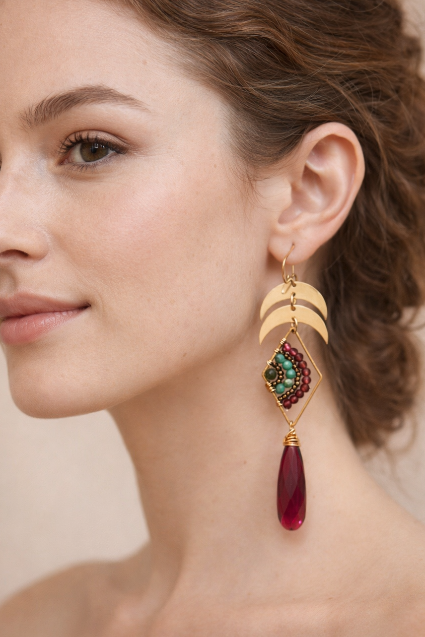 Gemstone earrings, quartz, turquoise, pink ruby gemstone one of kind, earrings