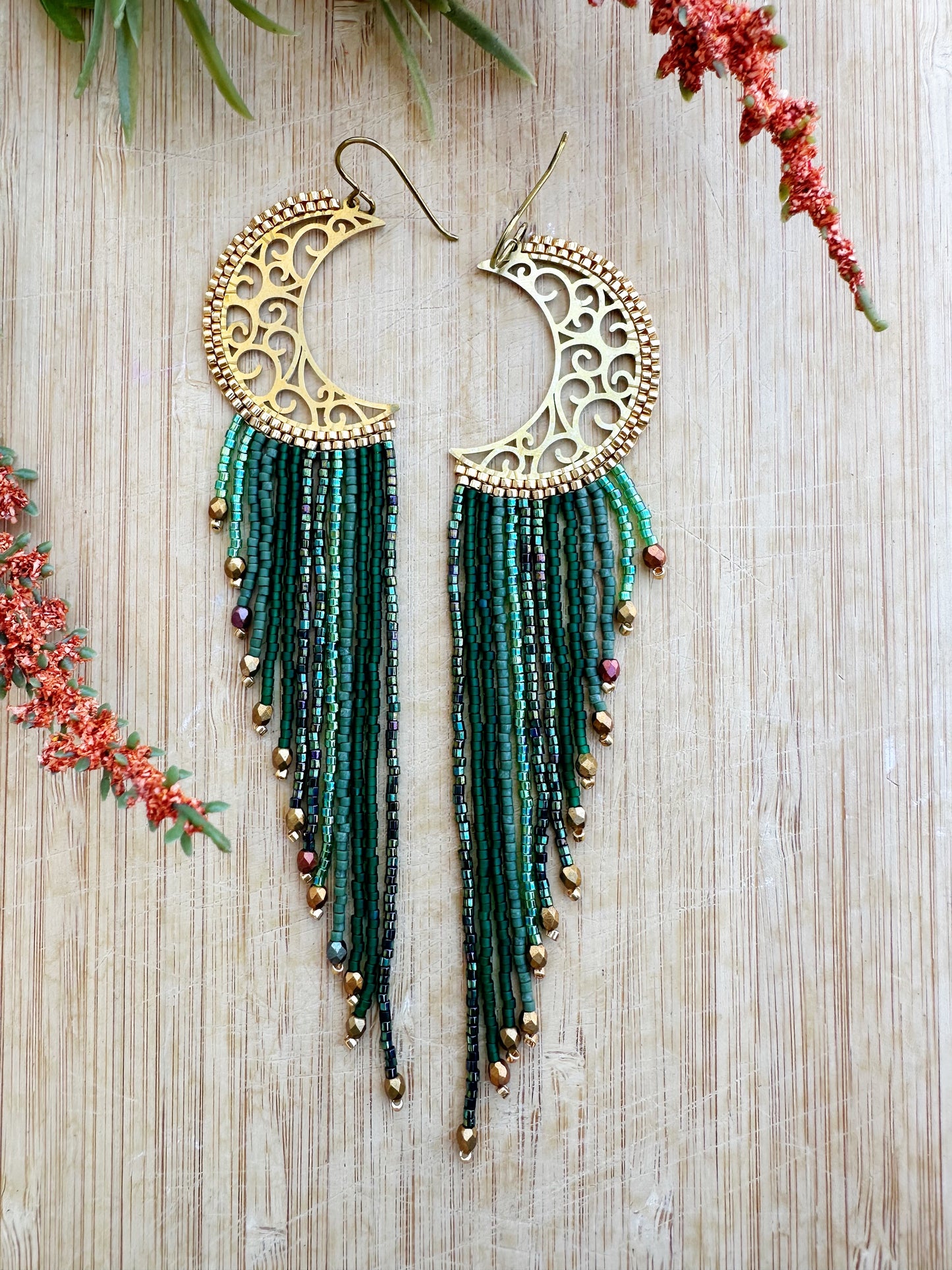 Emerald Crescent Beaded Earrings, Long fringe Earrings, Jewelry for her