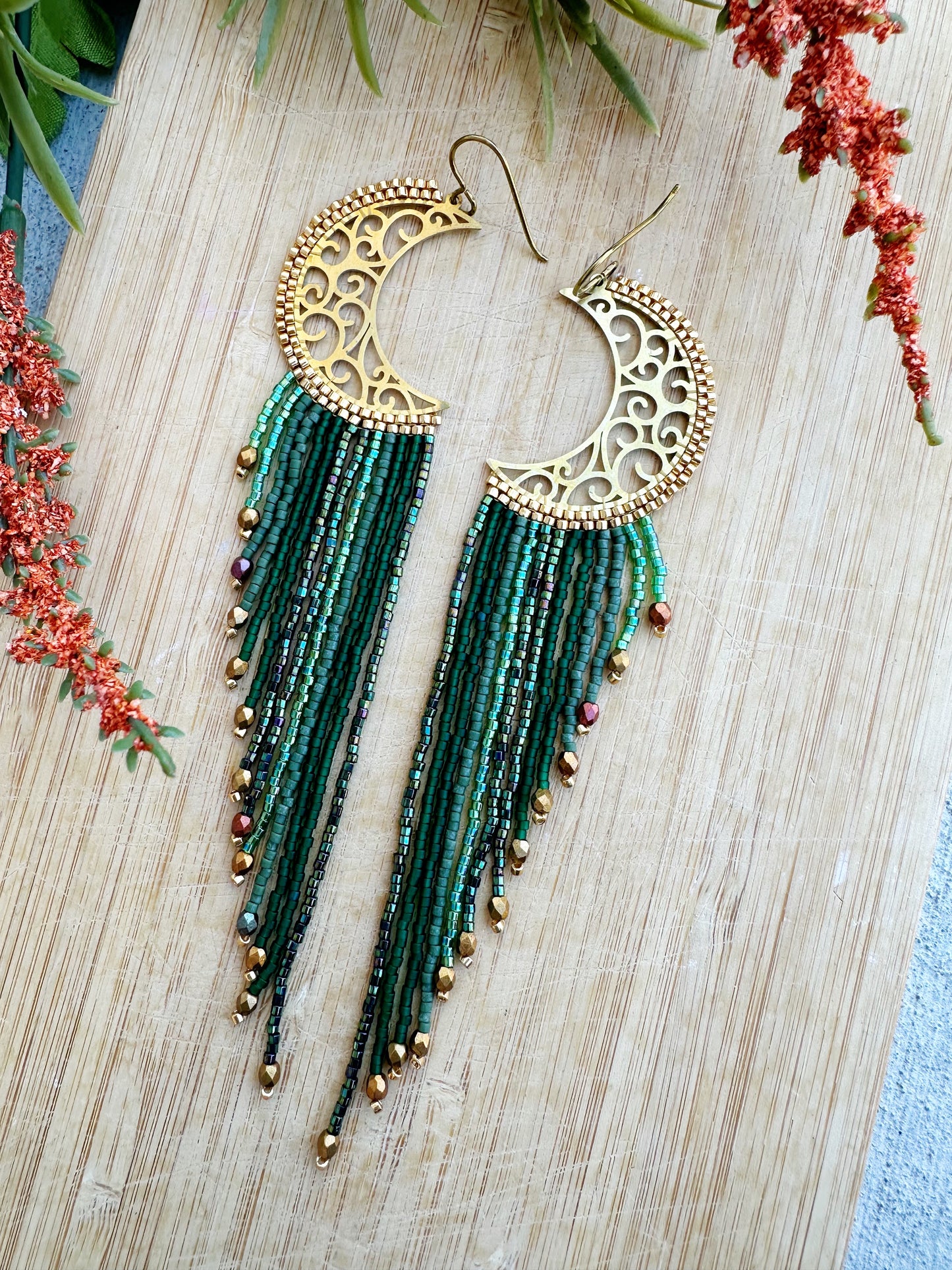 Emerald Crescent Beaded Earrings, Long fringe Earrings, Jewelry for her