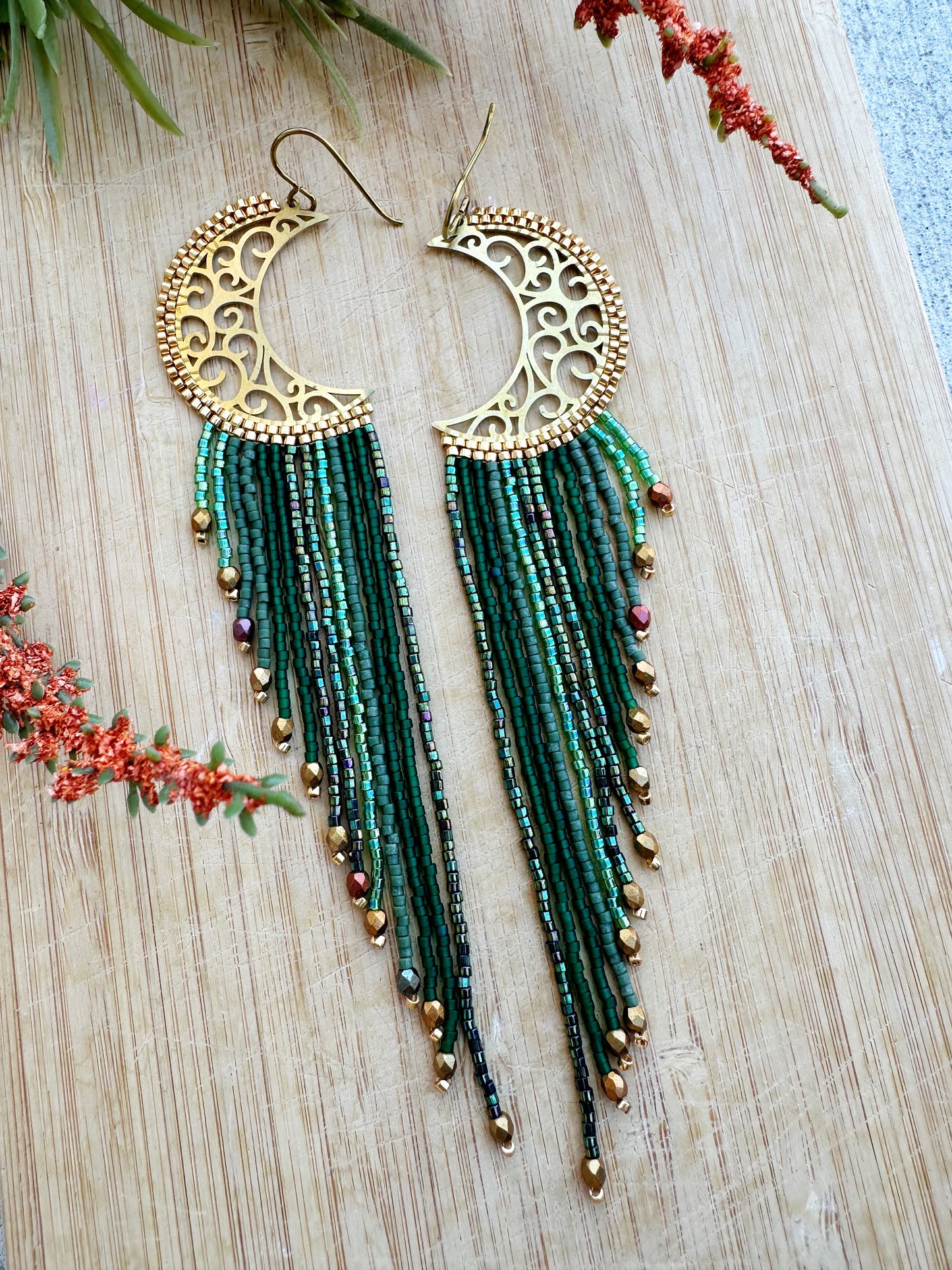 Emerald Crescent Beaded Earrings, Long fringe Earrings, Jewelry for her