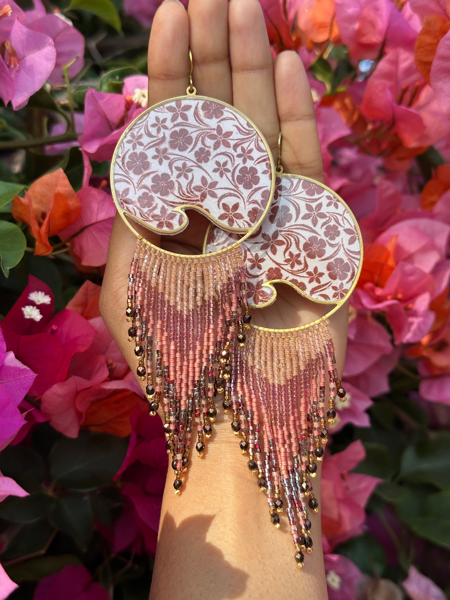 Blush bloom Floral fringes, beaded earrings, jewelry for her