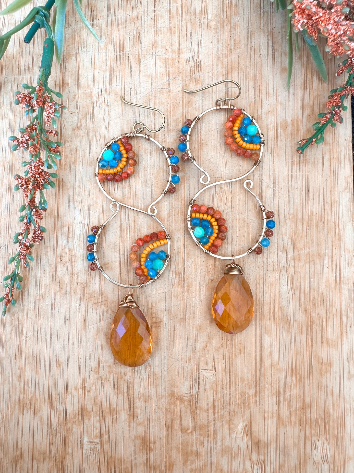 One of a kind quartz, apatite, sunstone, amazonite gemstone earrings,designer jewelry