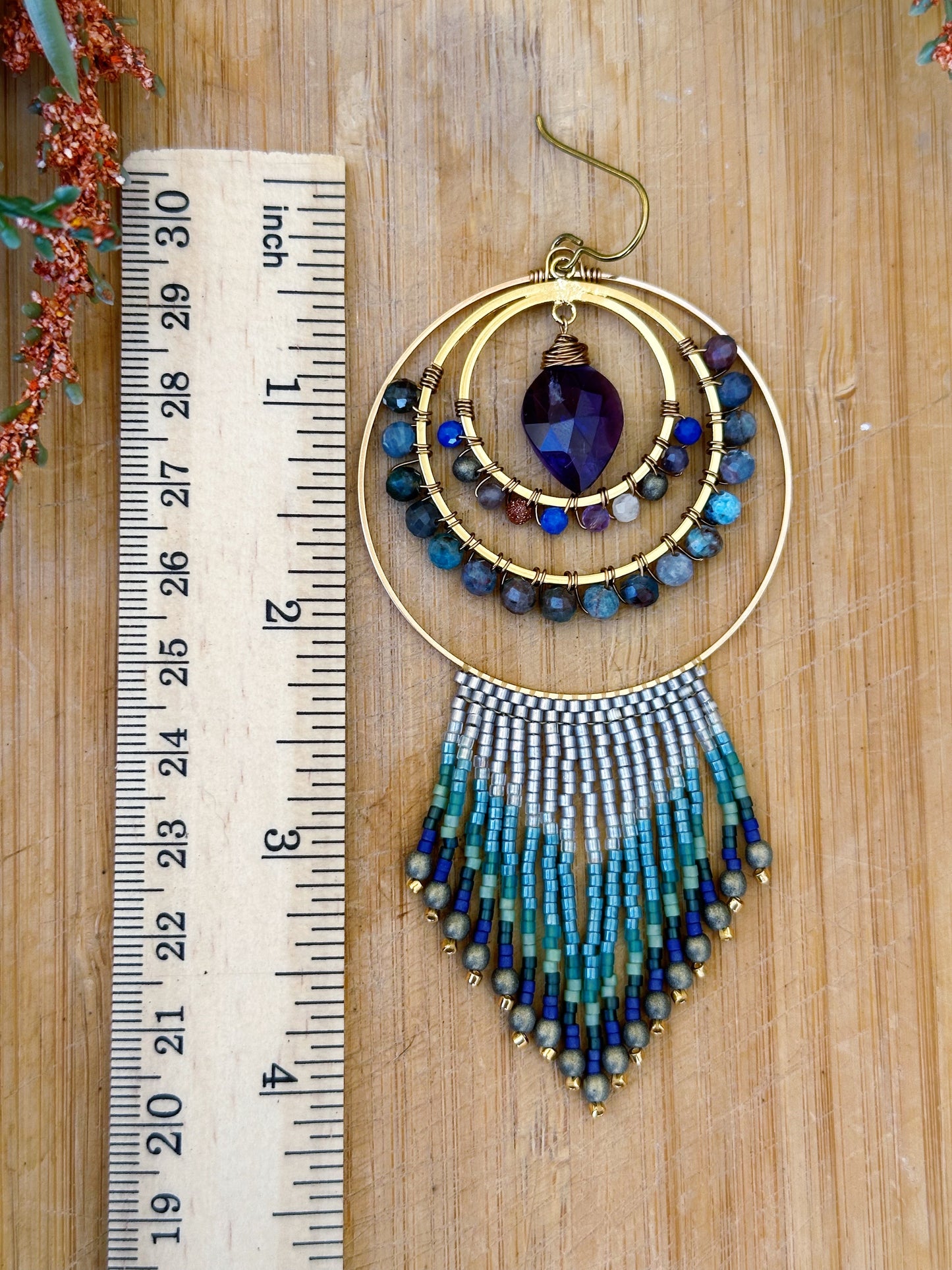 Mixed gemstone fringes, turquoise, amethyst,sunstone, lapis lazuli 24k gold plated, Statement earrings, hypoallergenic
