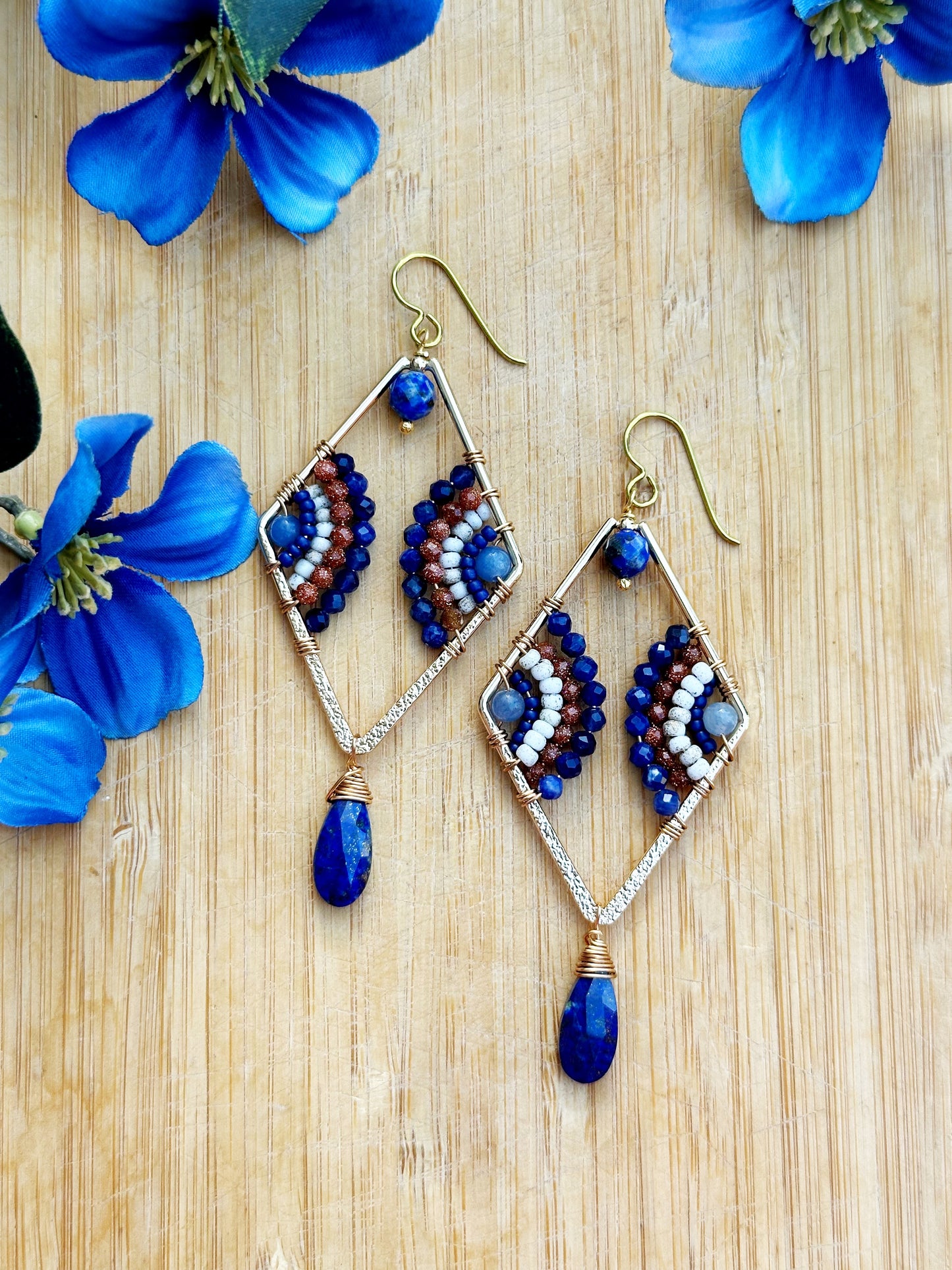 One of a kind gemstone diamonds, lapis lazuli, goldstone, aventurine gemstone