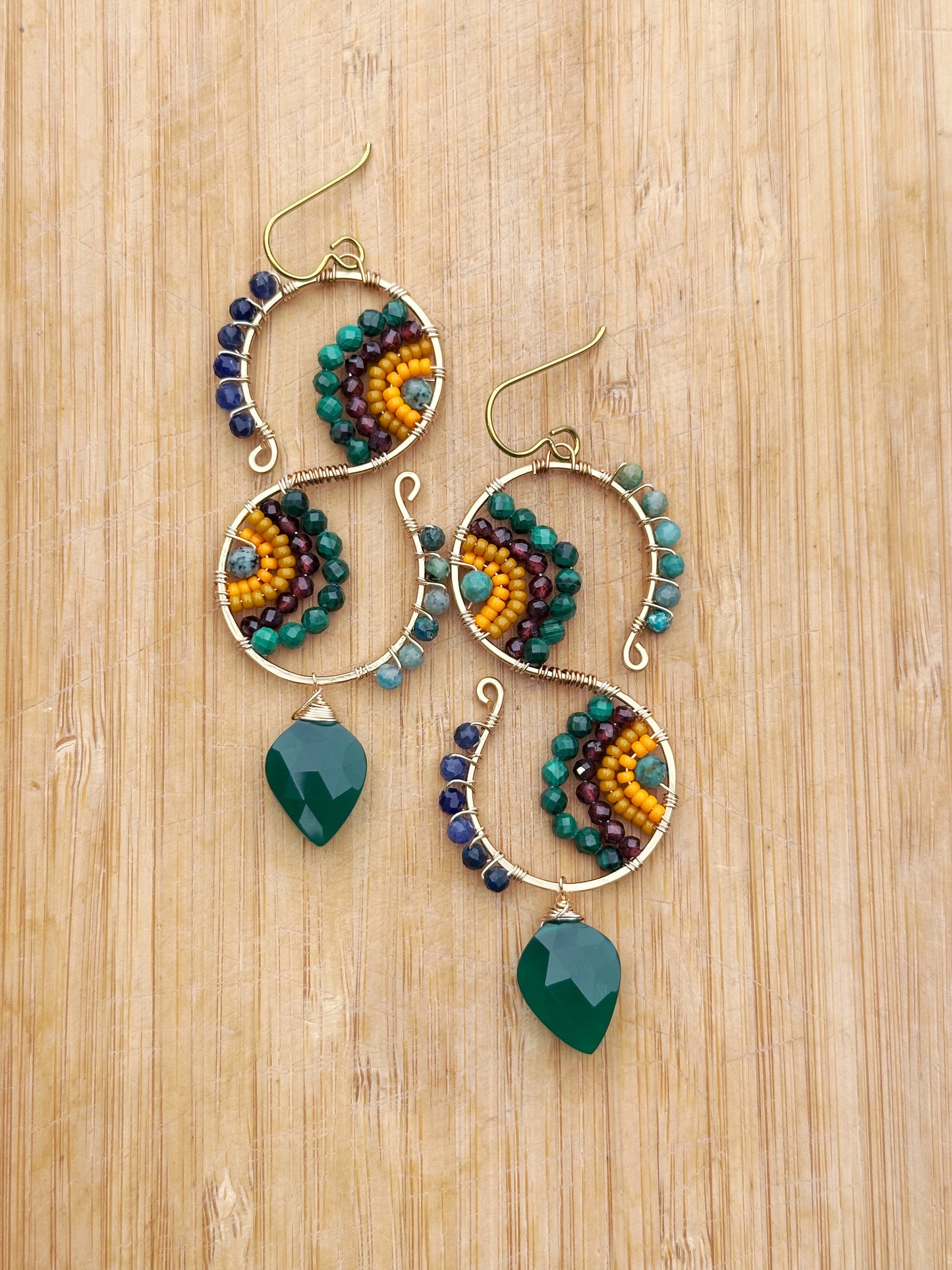 One of a kind green onyx, malachite, garnet, African turquoise, gemstone designer jewelry