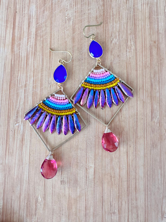 Beaded earrings, one of a kind, quartz, chalcedony gemstone earrings