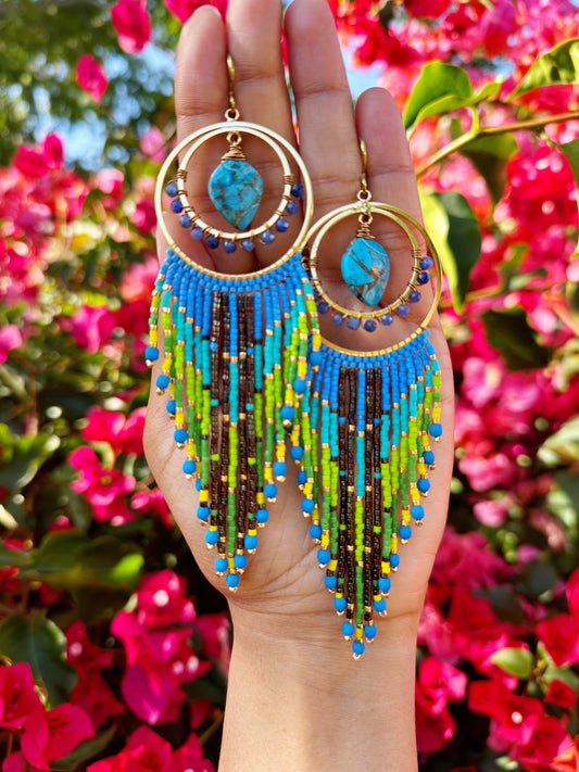 Tropical Turquoise fringes, Turquoise gemstone, sodalite gemstone , 24k gold plated, Statement earrings, hypoallergenic