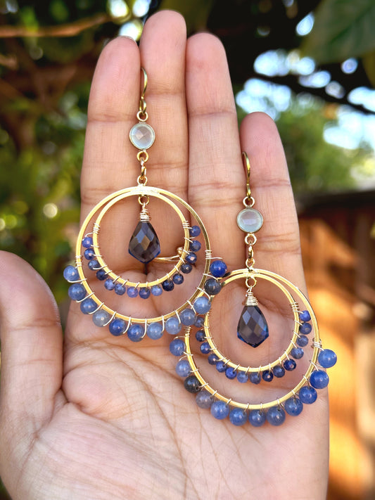 Sodalite Gemstone earrings, quartz gemstone, one of kind, hypoallergenic earrings, 24k gold plated