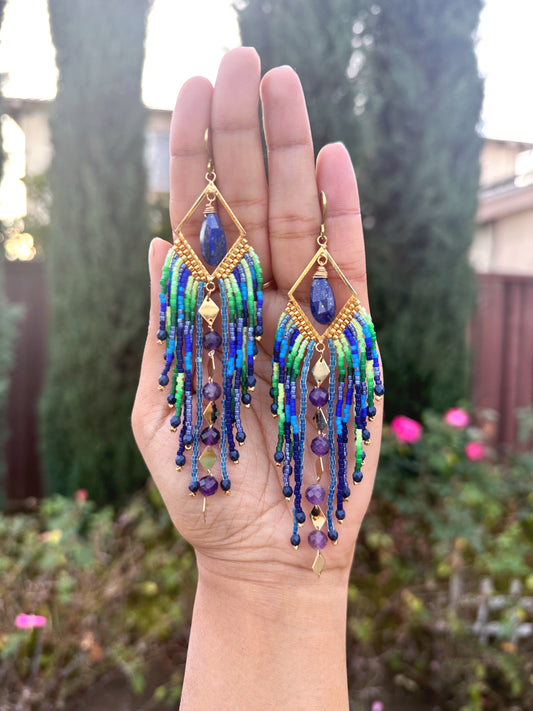 Lapis lazuli diamond fringes, amethyst gemstone earrings, 24k gold plated, hypoallergenic