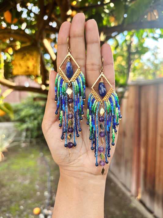 Lapis lazuli diamond fringes, amethyst gemstone earrings, 24k gold plated, hypoallergenic