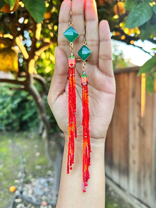Red love, Long tassel earrings, gemstone beaded jewelry, hypoallergenic
