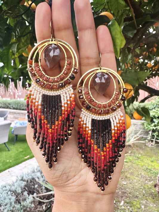 Statement earrings, hessonite garnet, moonstone, goldstone gemstones