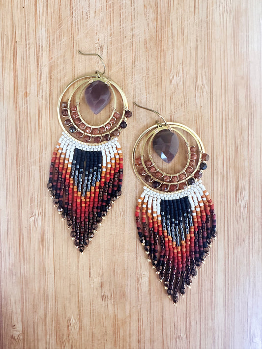 Statement earrings, hessonite garnet, moonstone, goldstone gemstones