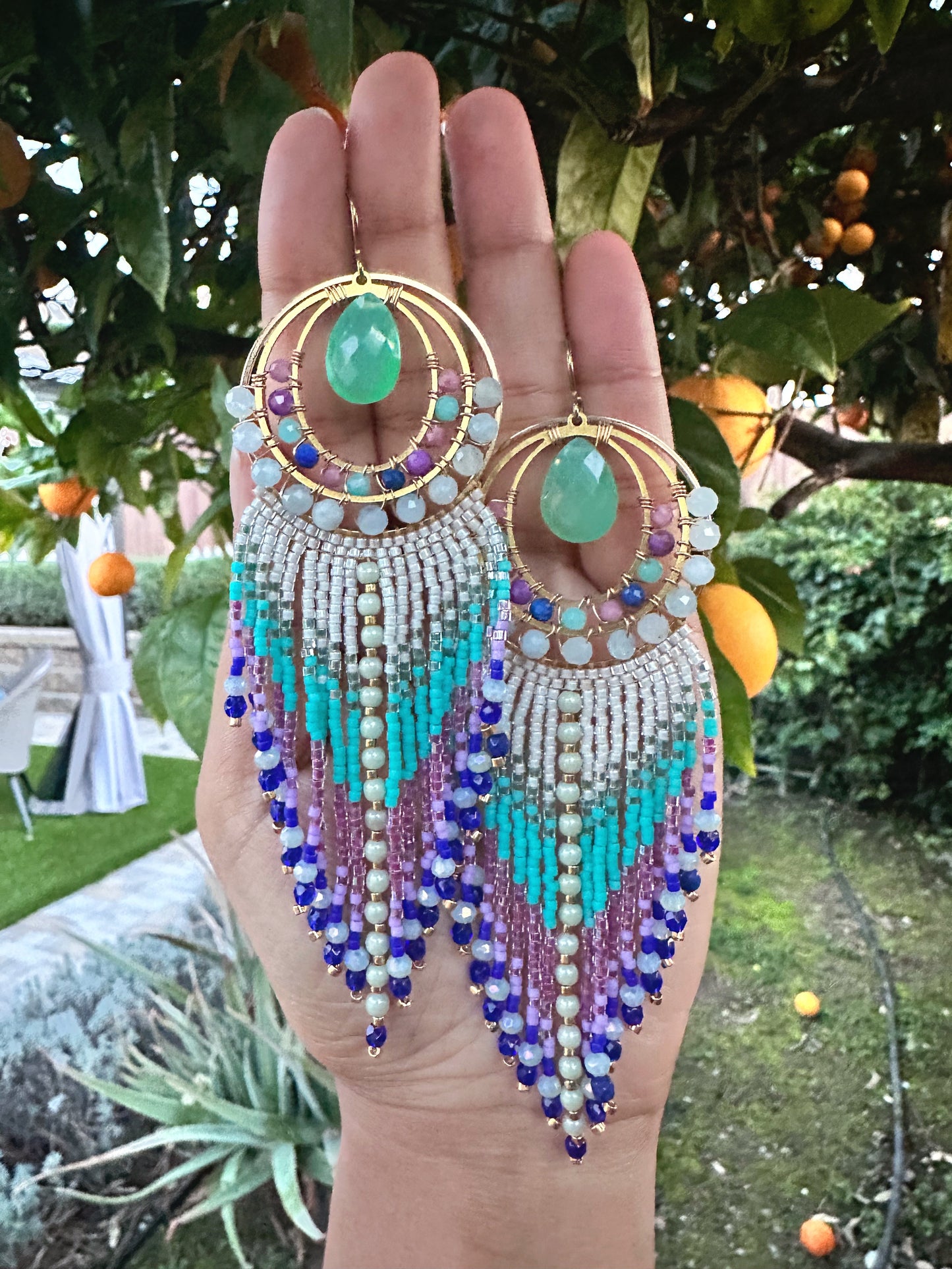 Statement earrings,  gemstone earrings, aquamarine , chalcedony, lapiz lazuli gemstones