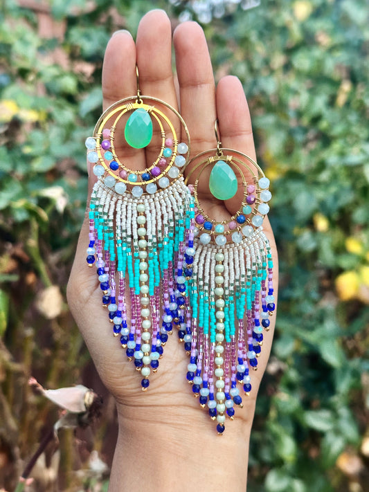 Statement earrings,  gemstone earrings, aquamarine , chalcedony, lapiz lazuli gemstones