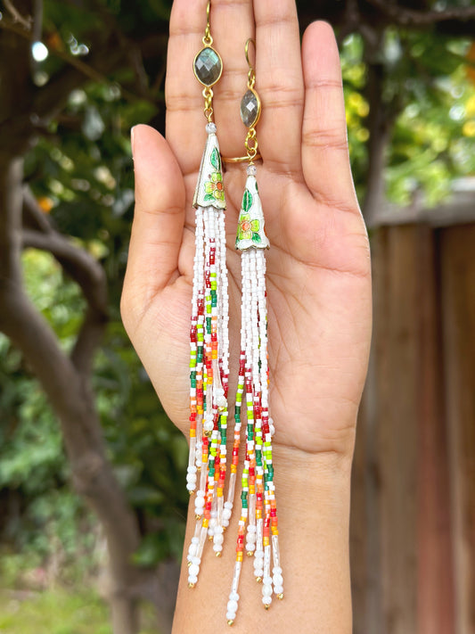 Labradorite spring tassel earrings, gemstone beaded jewelry, hypoallergenic