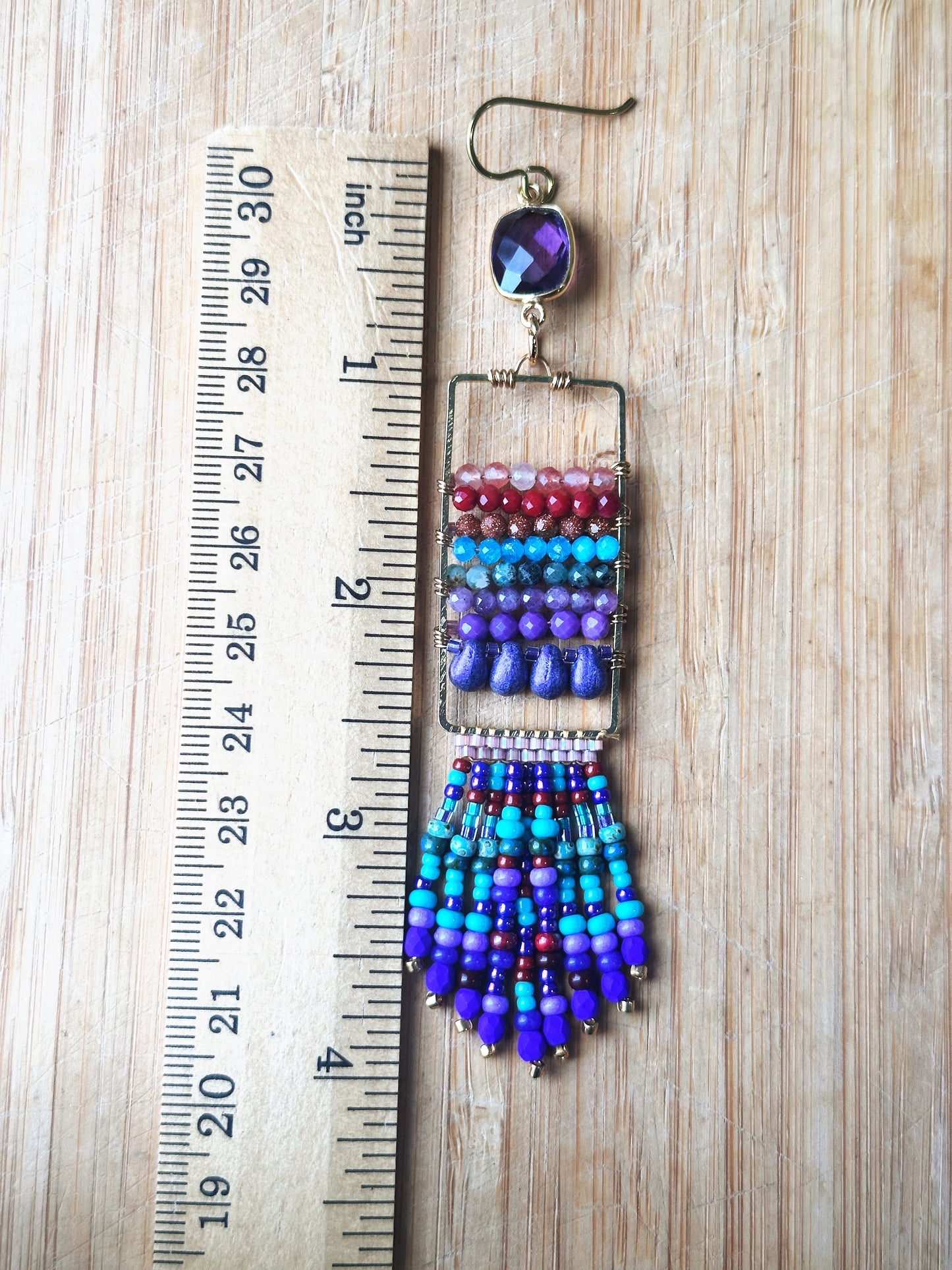 Gemstone fringes, colorful earrings, quartz, apatite, amethyst, phosphosiderite, goldstone, green ruby, hypoallergenic