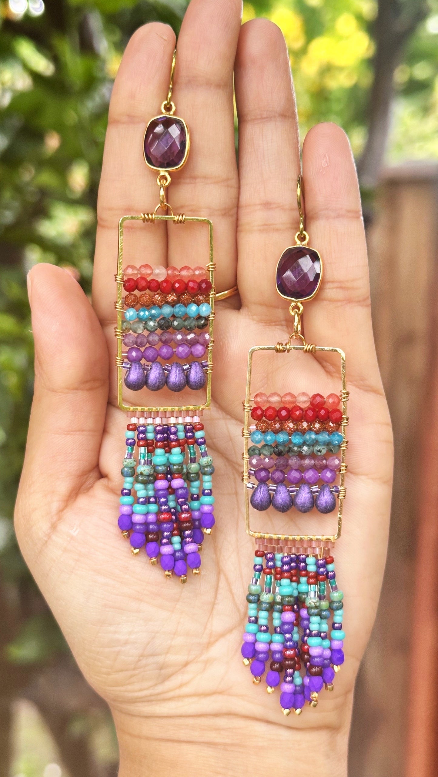 Gemstone fringes, colorful earrings, quartz, apatite, amethyst, phosphosiderite, goldstone, green ruby, hypoallergenic