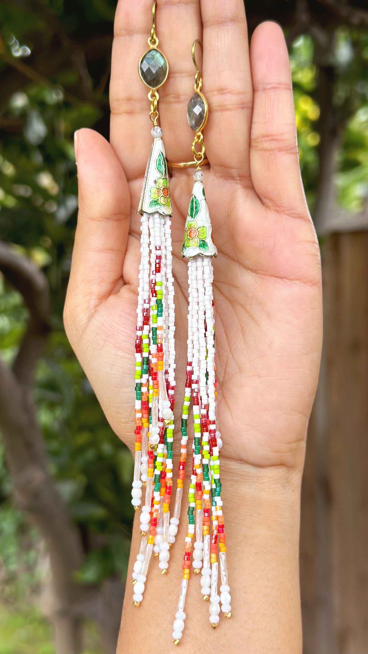 Labradorite spring tassel earrings, gemstone beaded jewelry, hypoallergenic