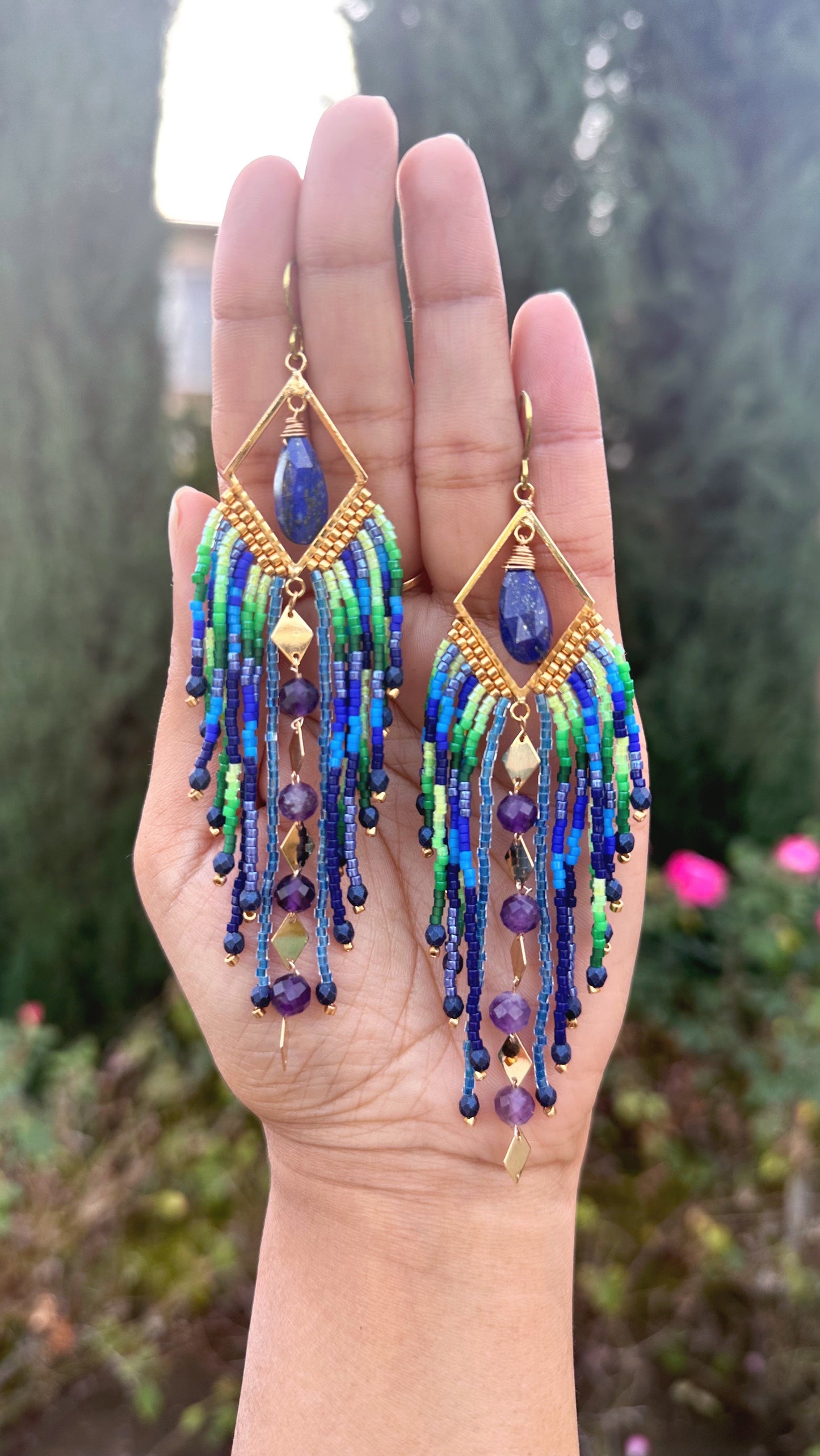 Lapis lazuli diamond fringes, amethyst gemstone earrings, 24k gold plated, hypoallergenic