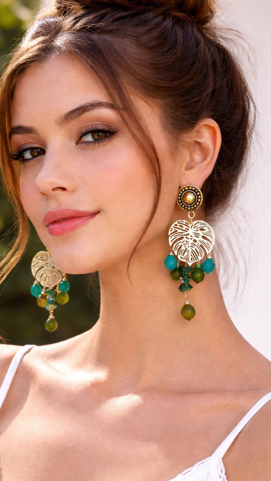 Monstera Gemstone earrings, Clip on earrings, one of kind, hypoallergenic earrings, 24k gold plated