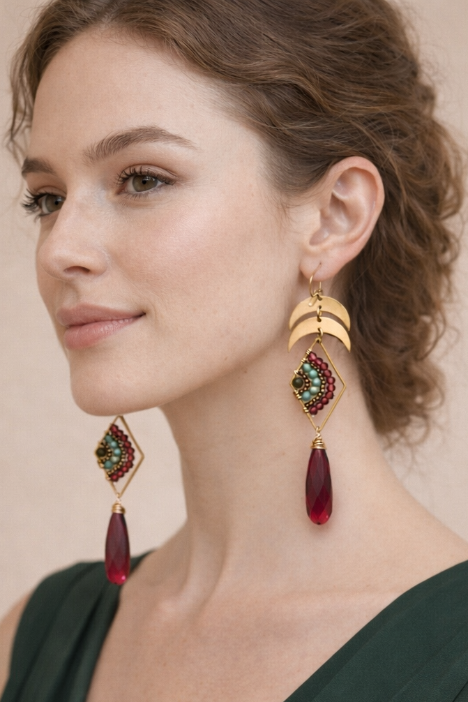 Gemstone earrings, quartz, turquoise, pink ruby gemstone one of kind, earrings