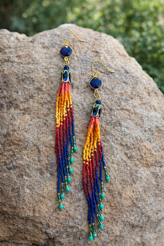 Sunrise Tassel earrings, lapis lazuli gemstone beaded jewelry, hypoallergenic