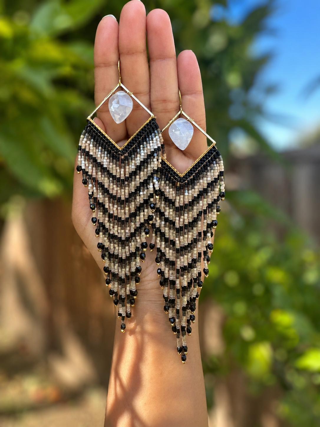 Chevron moonstone fringe earrings