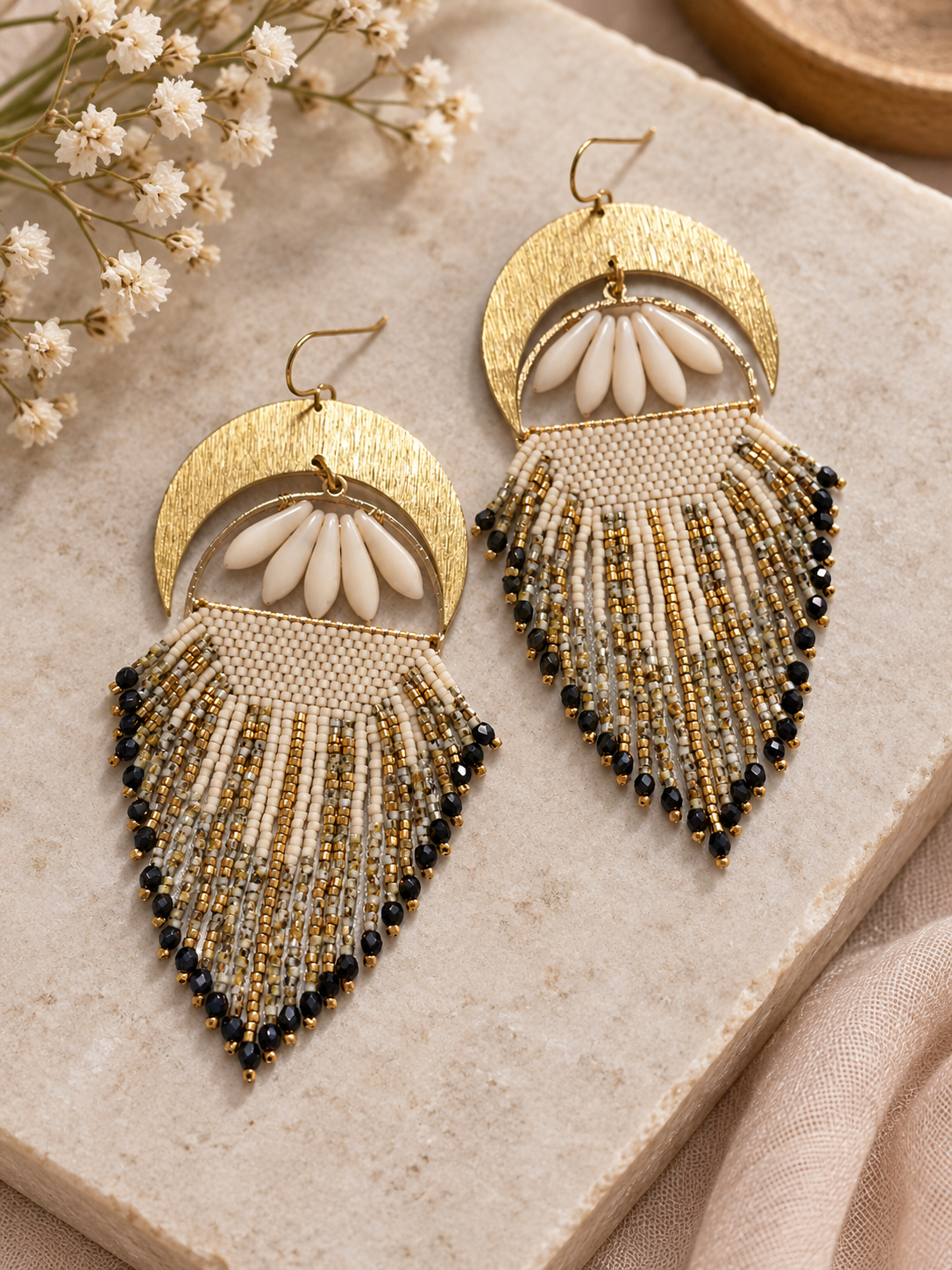 Golden moonfall Earrings, fringe earrings , statement earrings , beaded earrings