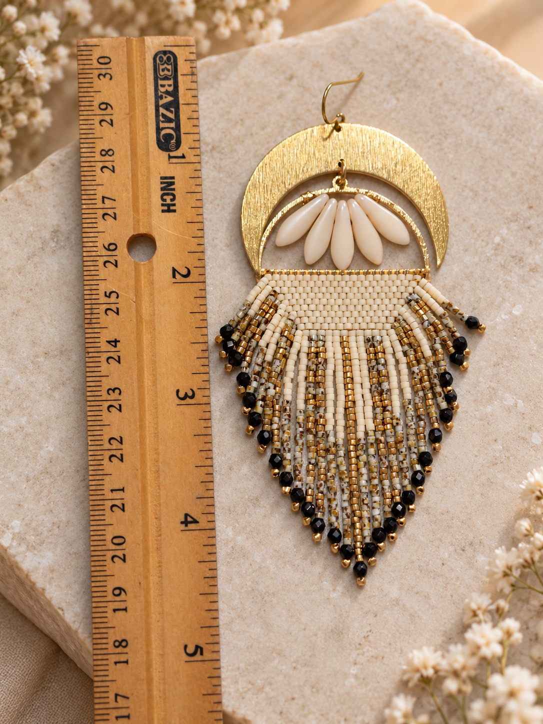 Golden moonfall Earrings, fringe earrings , statement earrings , beaded earrings