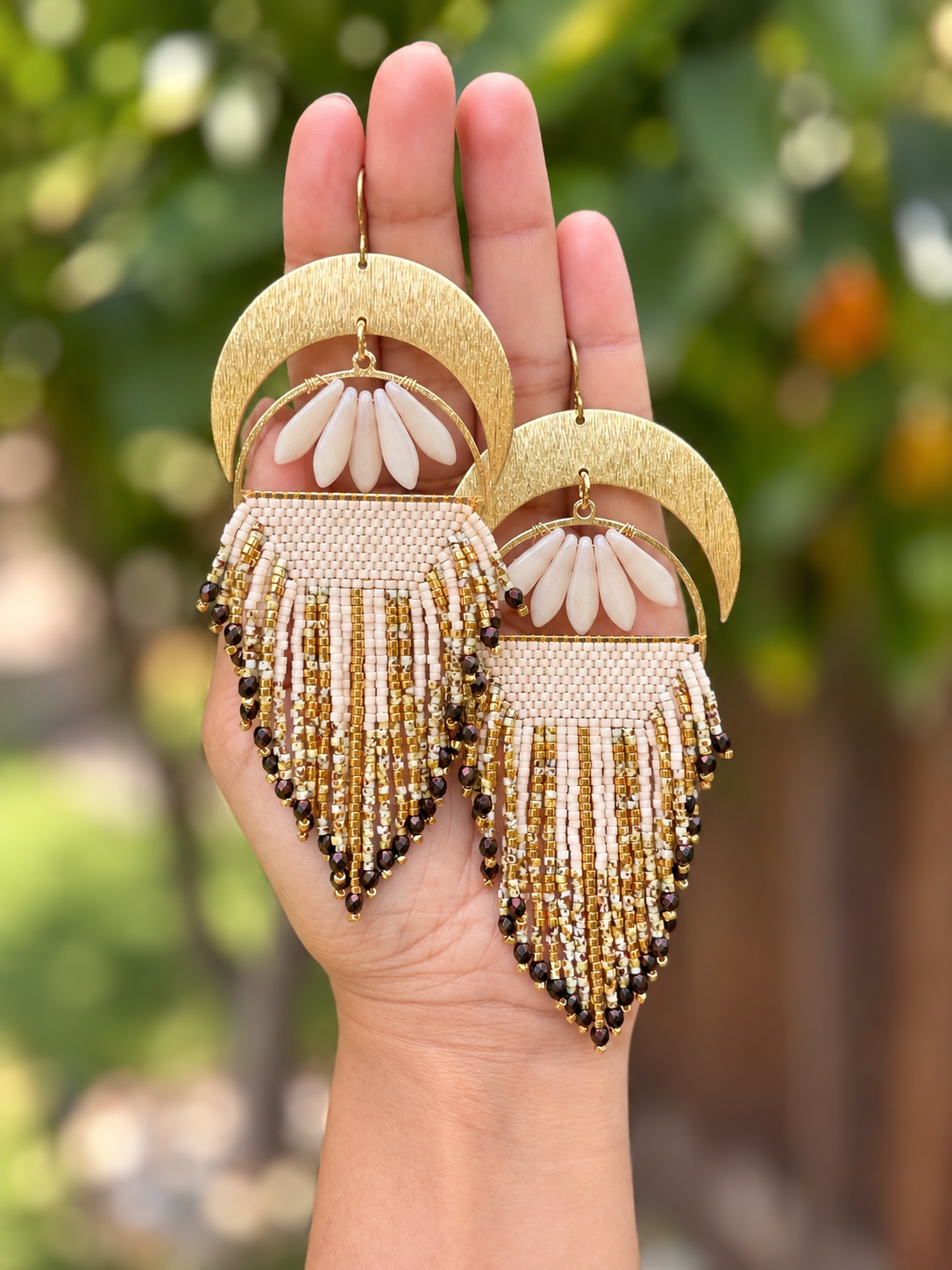 Golden moonfall Earrings, fringe earrings , statement earrings , beaded earrings