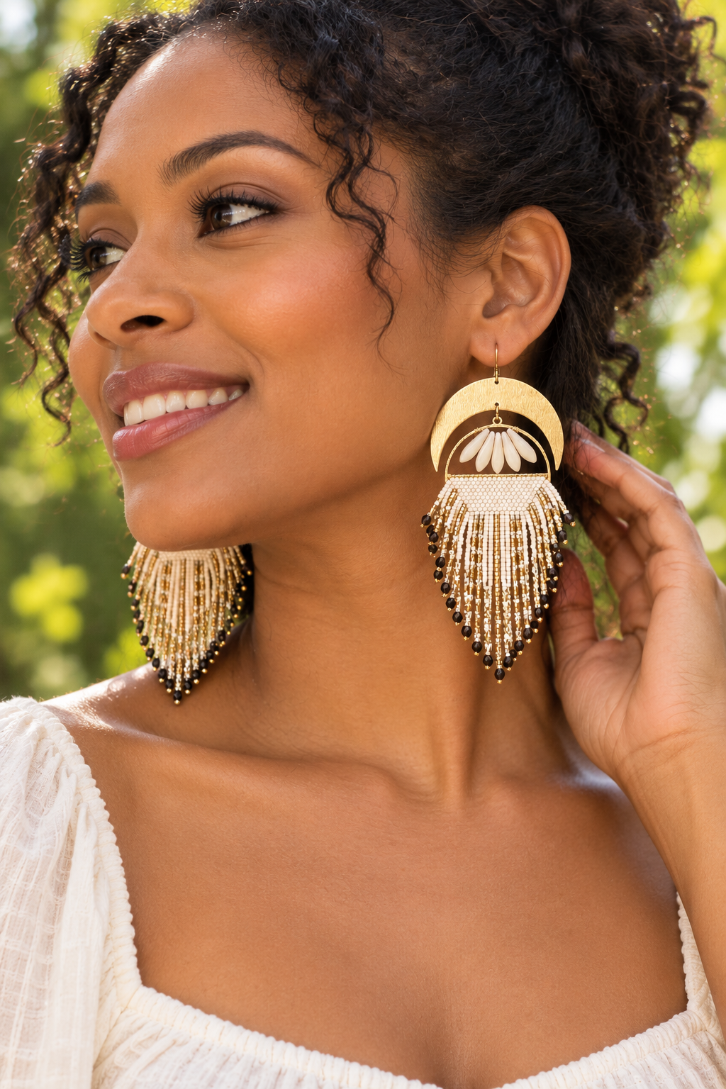Golden moonfall Earrings, fringe earrings , statement earrings , beaded earrings