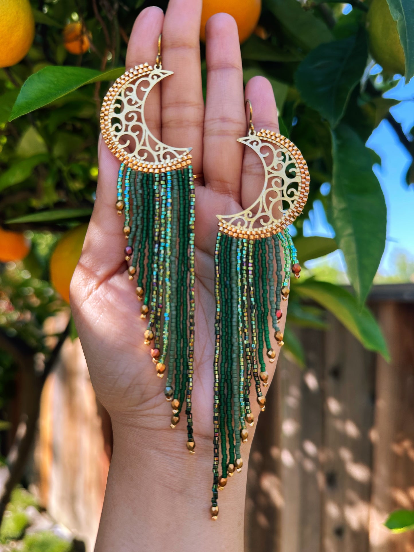 Emerald Crescent Beaded Earrings, Long fringe Earrings, Jewelry for her