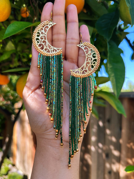 Emerald Crescent Beaded Earrings, Long fringe Earrings, Jewelry for her