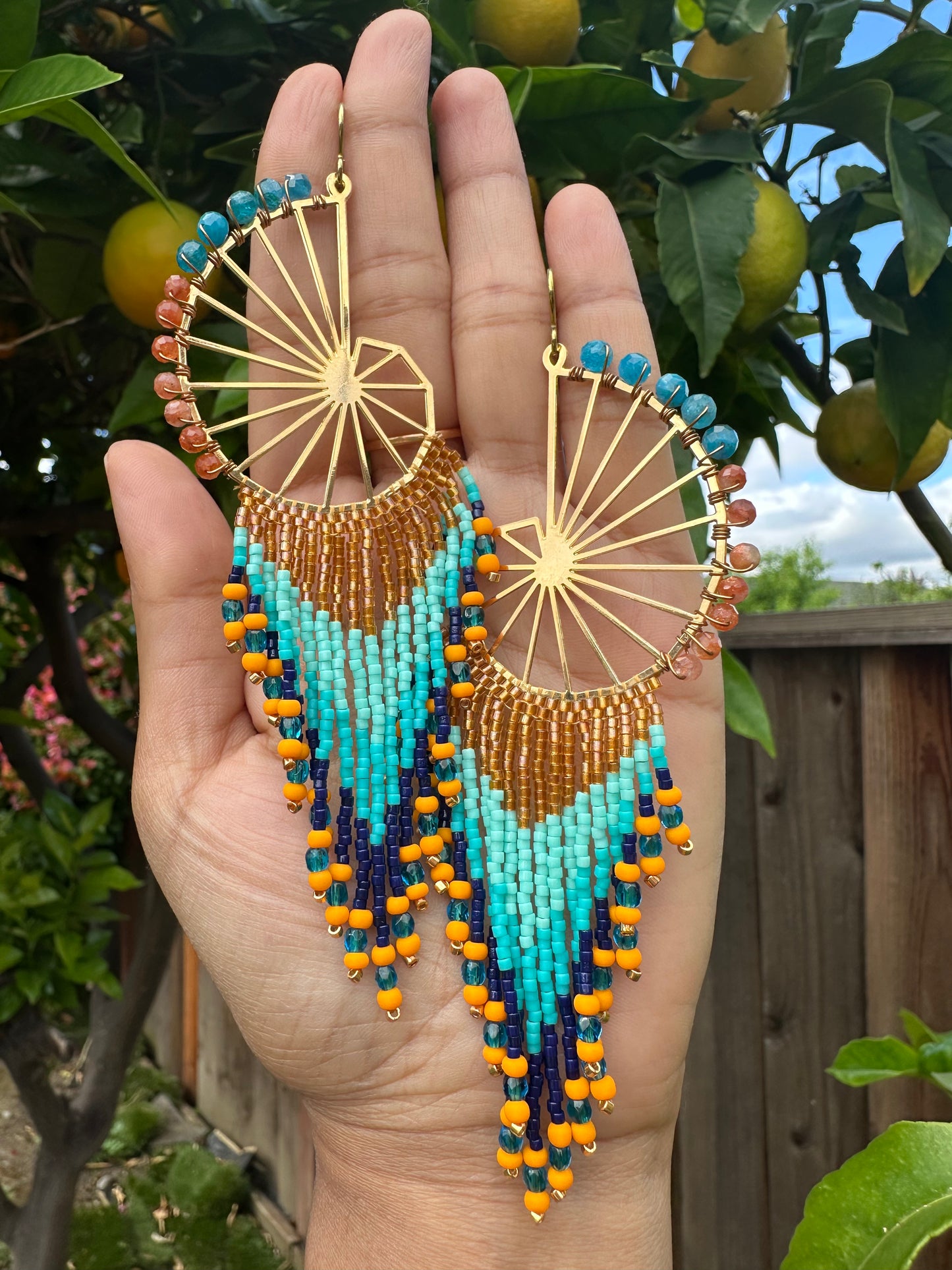 Ocean Vibes Nautilus beaded Earrings, Apatite, Sunstone gemstone, 18k gold plated Jewelry for her