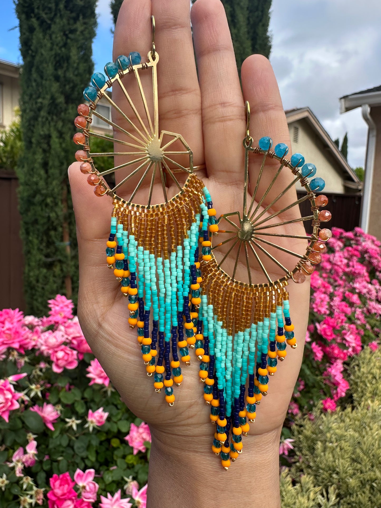 Ocean Vibes Nautilus beaded Earrings, Apatite, Sunstone gemstone, 18k gold plated Jewelry for her