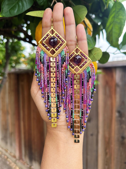 Amethyst and Garnet gemstone Statement earrings, hypoallergenic