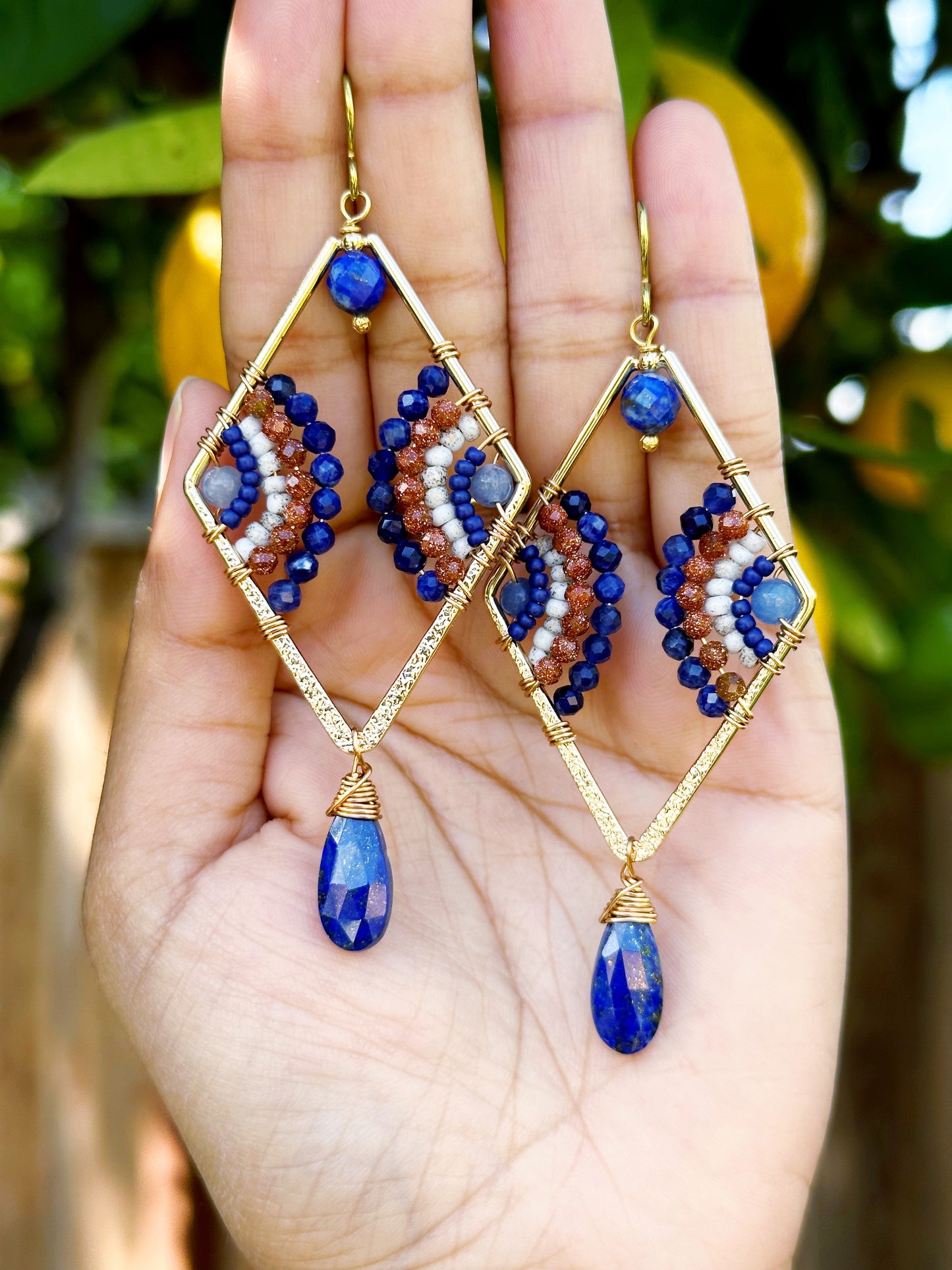 One of a kind gemstone diamonds, lapis lazuli, goldstone, aventurine gemstone