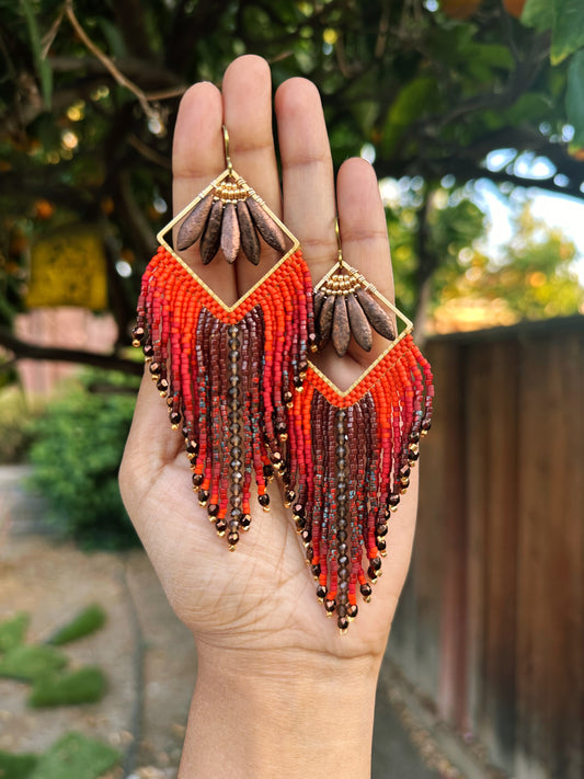 Fall canopy fringes , Statement earrings, smoky quartz gemstone, hypoallergenic