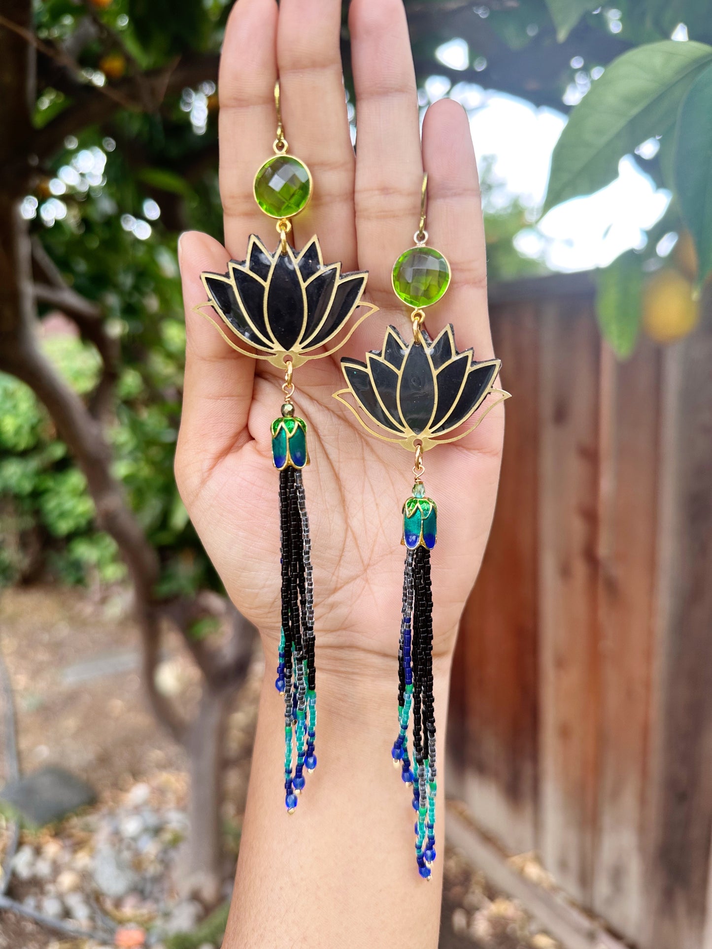 Lotus tassel, green quartz gemstone , Statement earrings, hypoallergenic