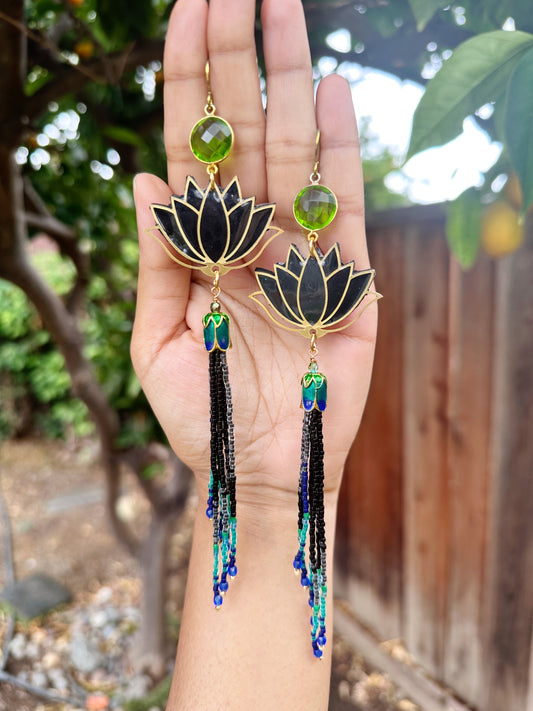 Lotus tassel, green quartz gemstone , Statement earrings, hypoallergenic