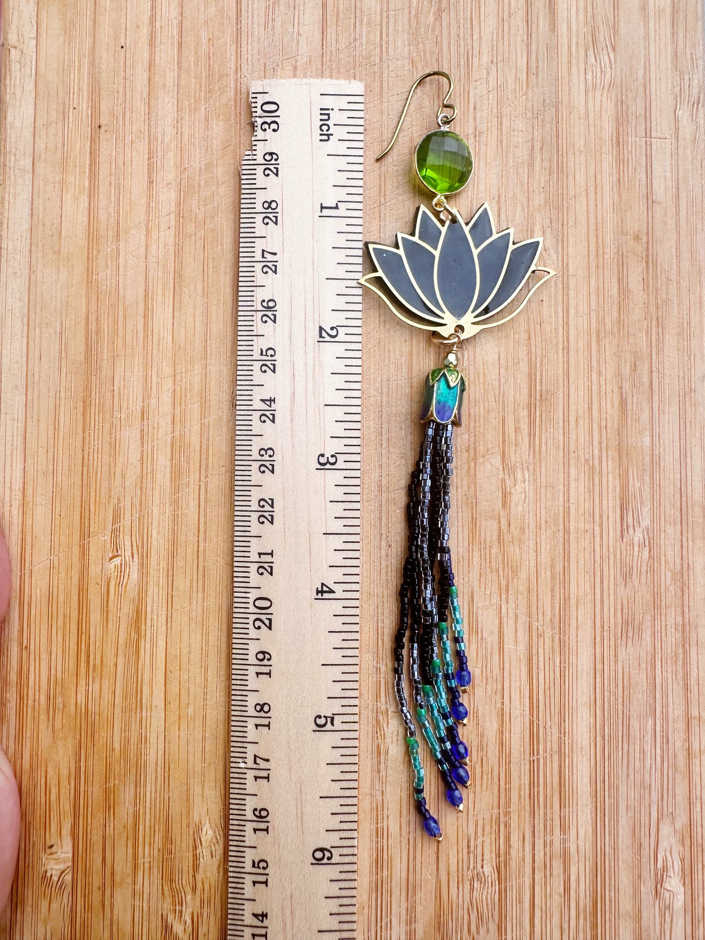 Lotus tassel, green quartz gemstone , Statement earrings, hypoallergenic