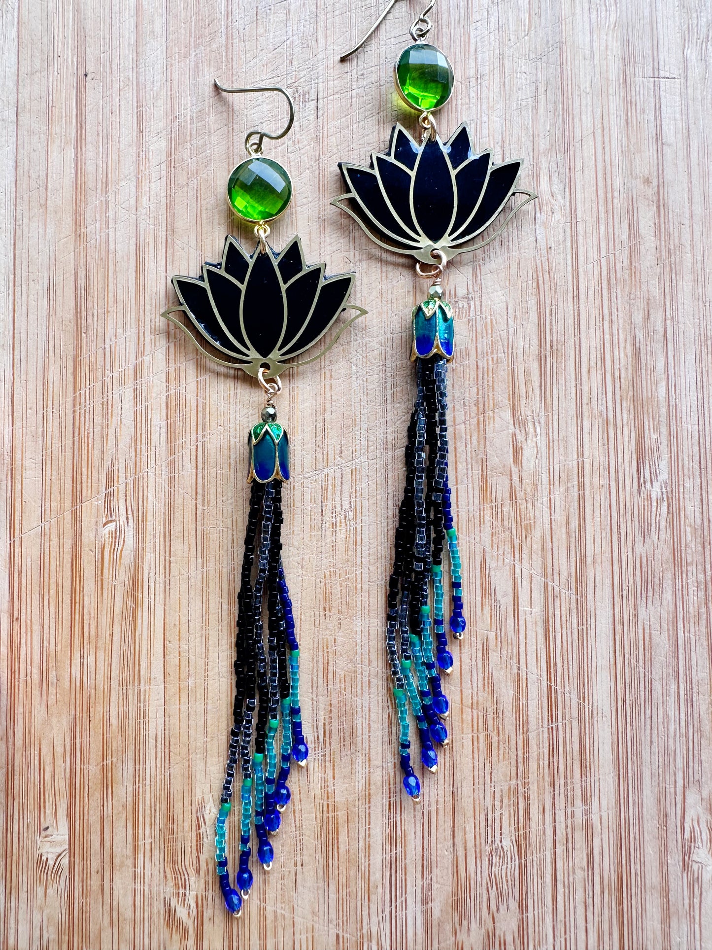 Lotus tassel, green quartz gemstone , Statement earrings, hypoallergenic