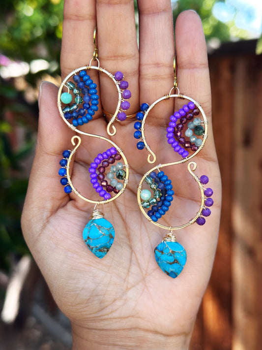 Gemstone earrings, one of a kind, turquoise, sodalite, garnet, kyanite, phosphodorite, lapis, beaded earrings