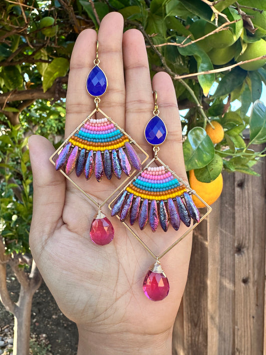 Beaded earrings, one of a kind, quartz, chalcedony gemstone earrings