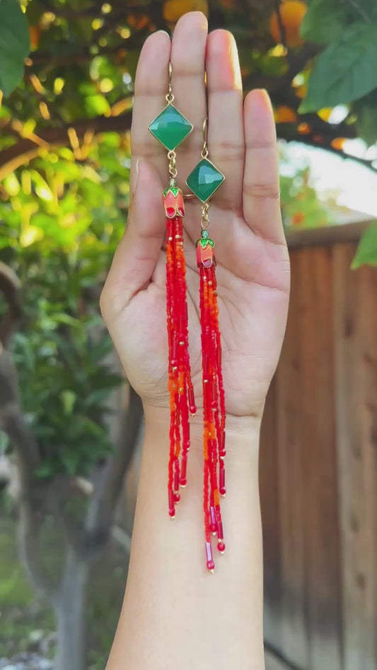 Red love, Long tassel earrings, gemstone beaded jewelry, hypoallergenic